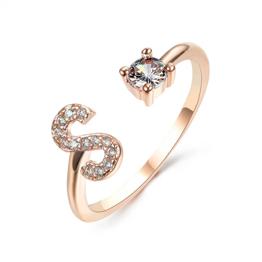 Personalized Initial Letter Crystal Ring with Adjustable Design in Gold, Silver, and Rose Gold Colors