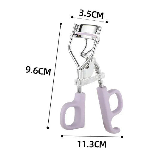A4 chromium-coated scissor-style eyelash curler with tail design in pink or purple colour options
