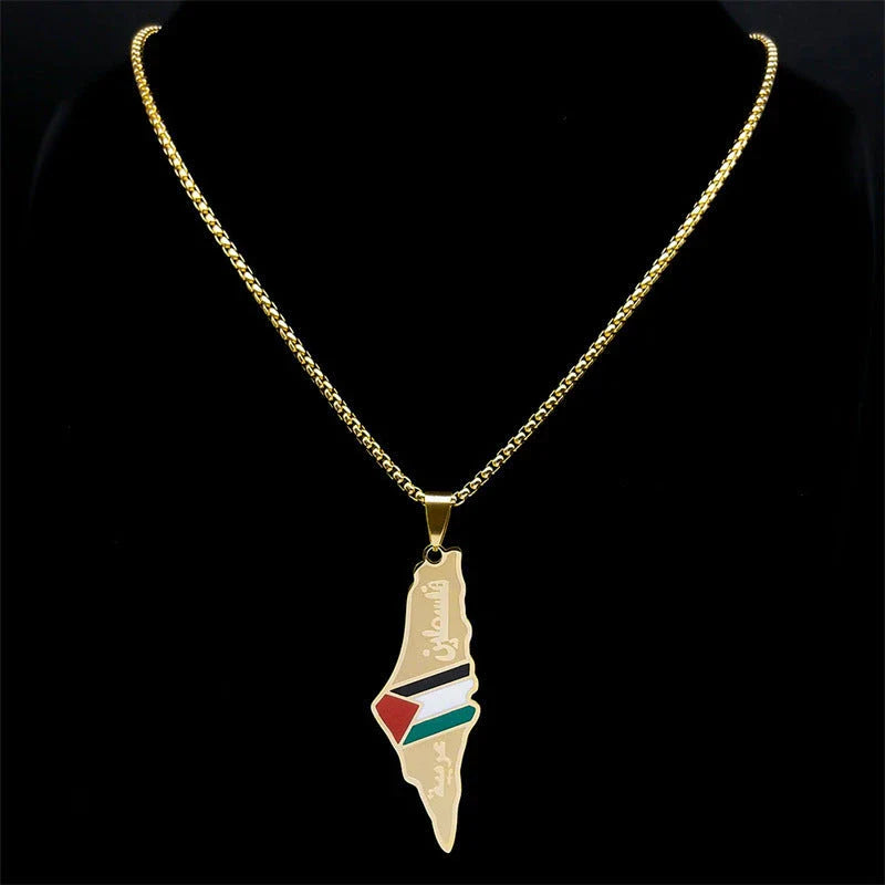 Stainless steel pendant necklaces featuring the intricate outlines of Israel and Palestine maps in silver and gold tones