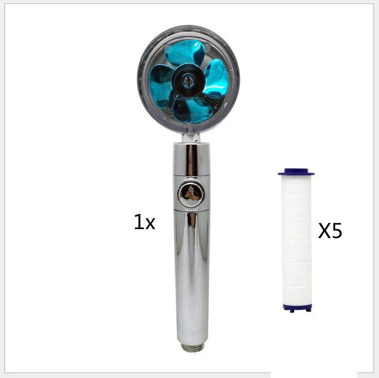 A high-pressure handheld shower head with a turbo-charged water flow and a cotton filter for a luxurious, spa-like bathing experience.