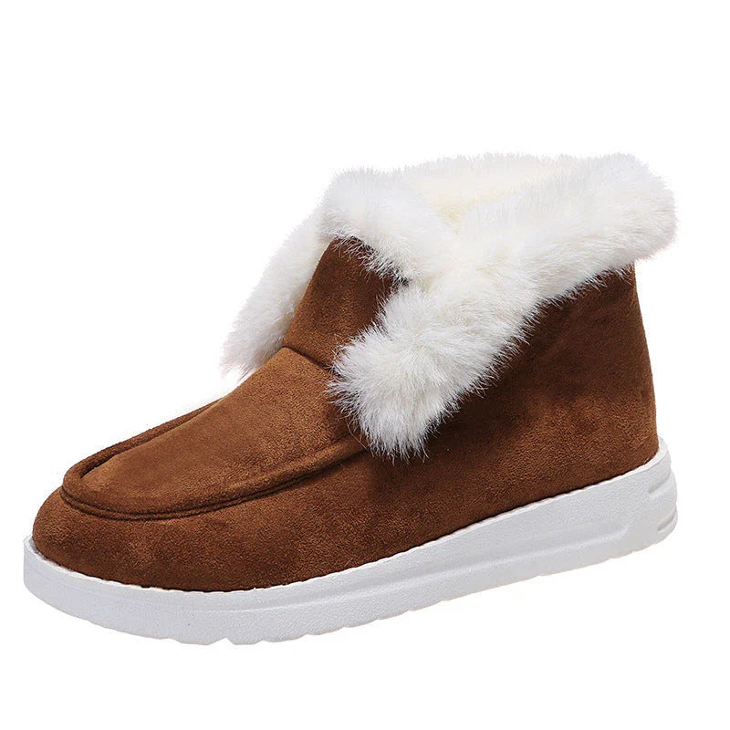 Cozy Winter Ankle Boots for Women in Black, Grey, and Brown colors with plush fur lining and low-heel design