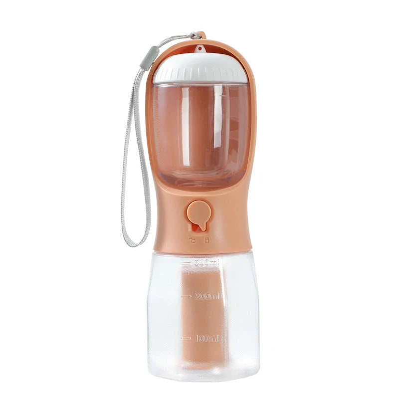 Portable 3-in-1 pet water bottle with built-in filtration system, food container, and waste bag storage compartment