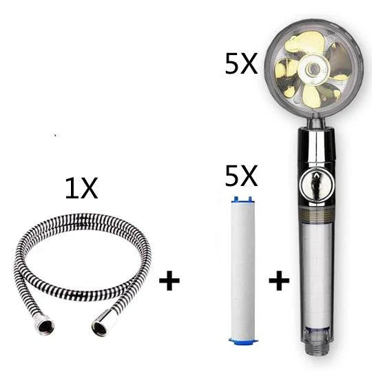 A high-pressure handheld shower head with a turbo-charged water flow and a cotton filter for a luxurious, spa-like bathing experience.