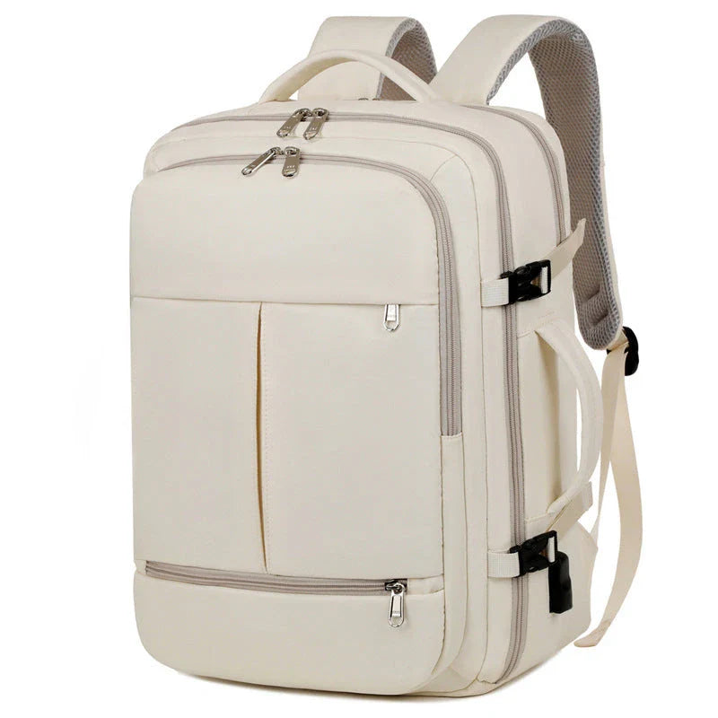A stylish and high-capacity backpack with multiple pockets and zippers, designed for business and travel use.