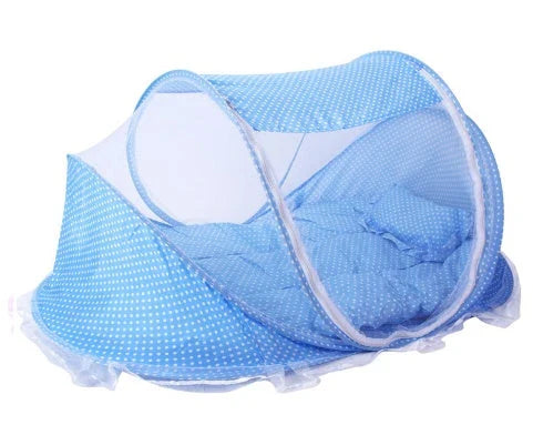 Breathable insect-free foldable baby travel cot with integrated mattress and pillow, available in blue, pink and blue-and-pink colour options