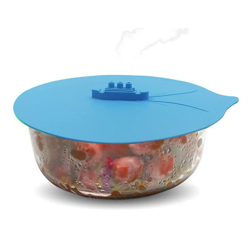 Creative silicone pot lid in blue color, designed with a unique shape and hook for easy storage