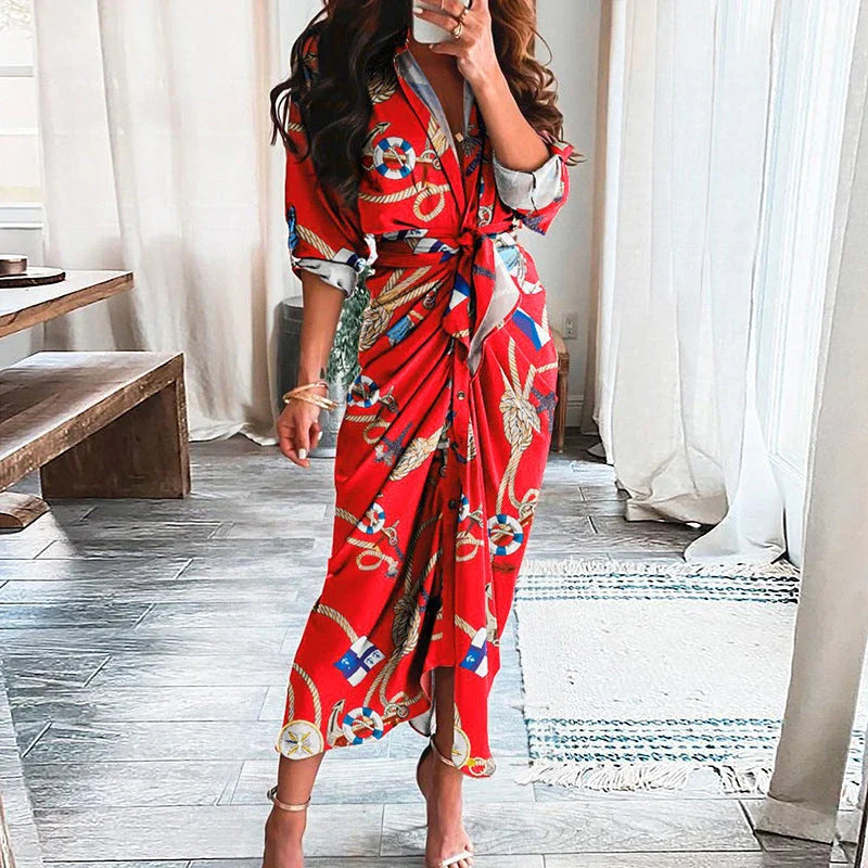 Elegant European and American printed maxi dress with long sleeves and lace-up detailing in various floral prints and colors