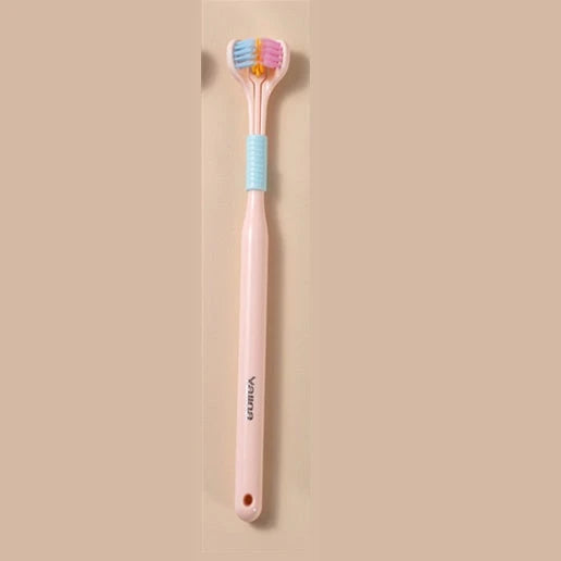 A soft bristle toothbrush with a unique triple-sided brush head for deep cleaning and customizable bristle firmness.
