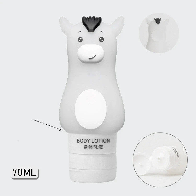 Portable animal-shaped silicone travel bottles for shampoo, shower gel, and lotion in various vibrant colors and designs