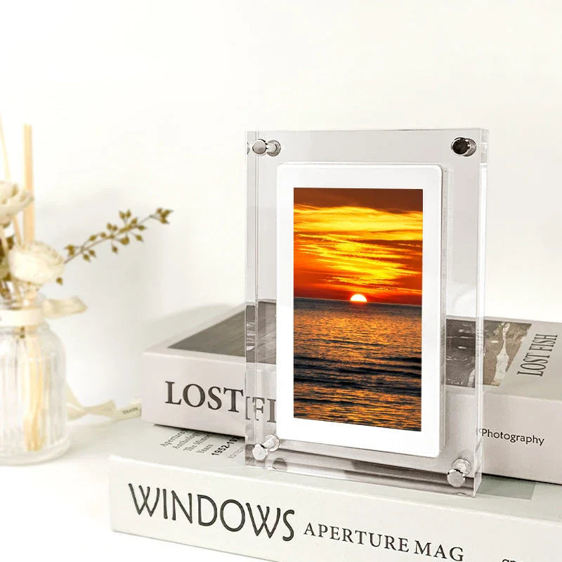 Stylish digital photo frame with high-resolution display, supports photo, video, and music playback
