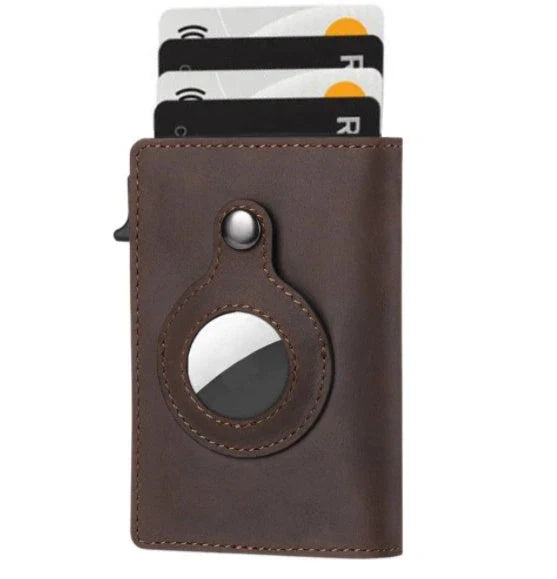 Premium leather wallet with built-in AirTag pocket and RFID blocking technology for secure everyday carry