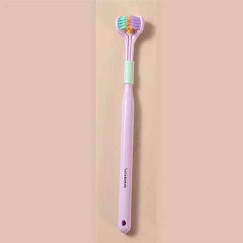 A soft bristle toothbrush with a unique triple-sided brush head for deep cleaning and customizable bristle firmness.