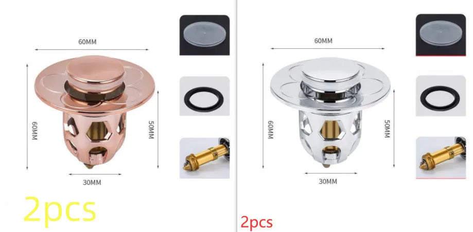 Copper core bouncing washbasin drain plug with universal 1.1-1.5 inch head in metallic finish