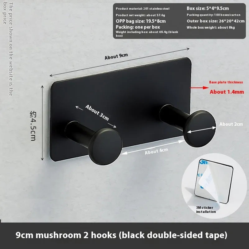 Adhesive wall hook with mushroom-shaped hooks in black or white, showing 5kg load capacity