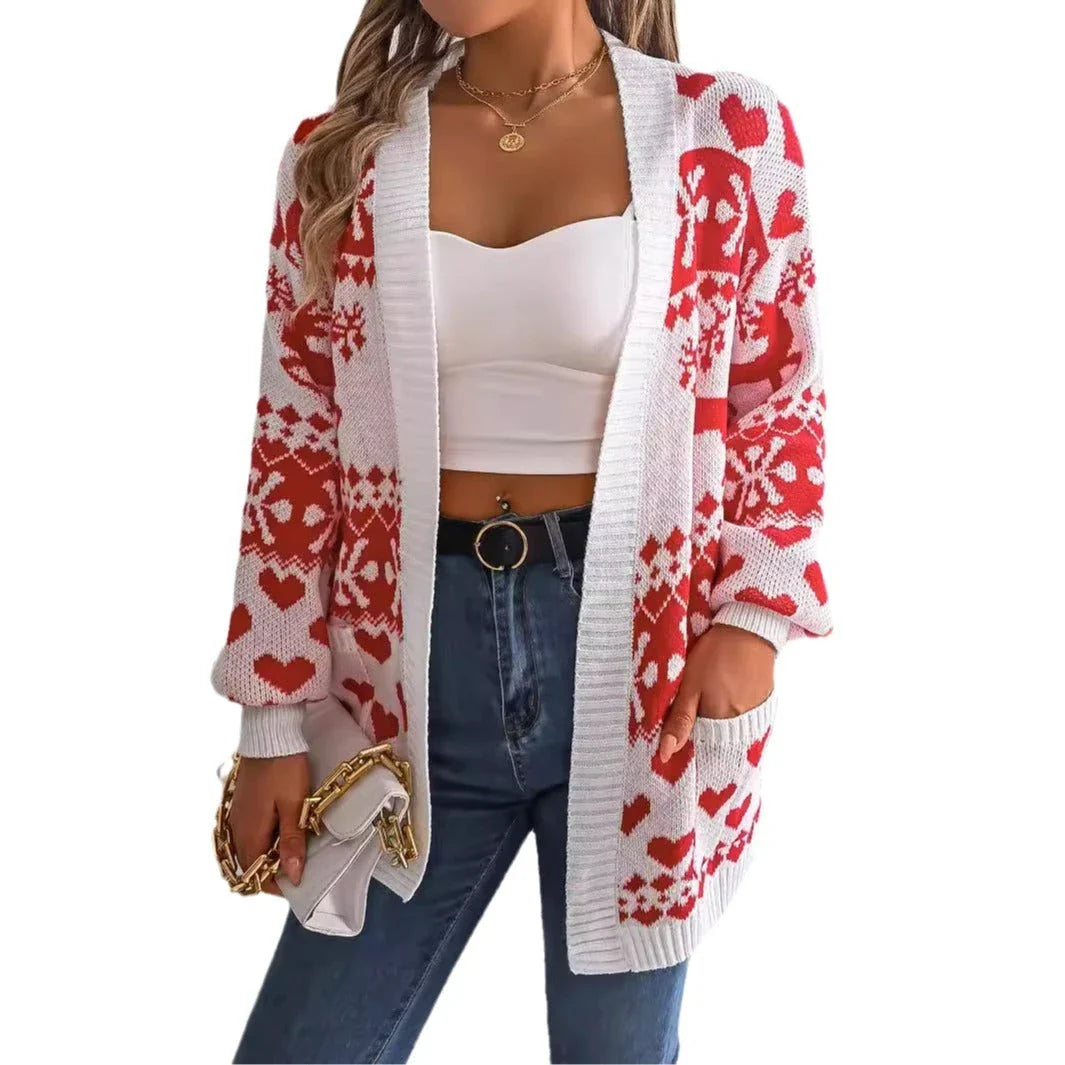 Women's open-front Christmas cardigan with festive deer print, available in red, green, and white colors