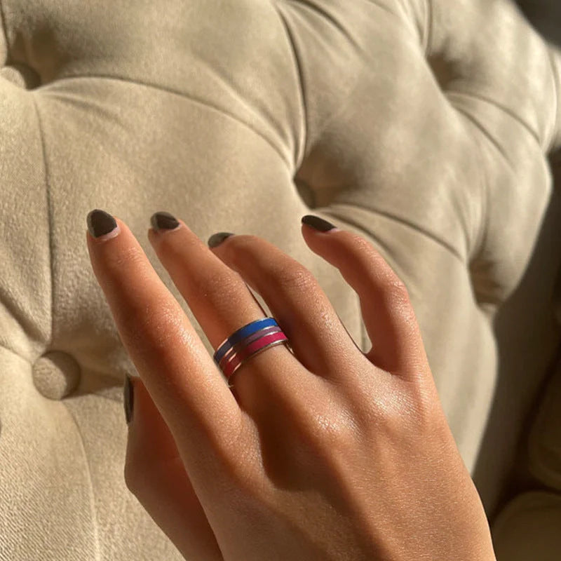 Bisexual pride stainless steel ring in geometric design, available in multiple styles and sizes