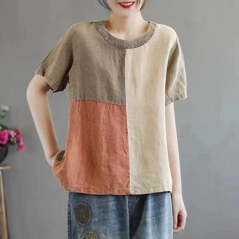 Cotton linen T-shirt for women with contrast colour collar and artistic design