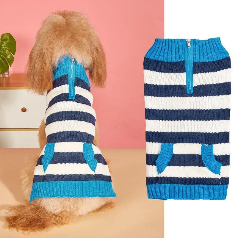 Grey dog sweater with side zipper and chest pocket on a small dog.