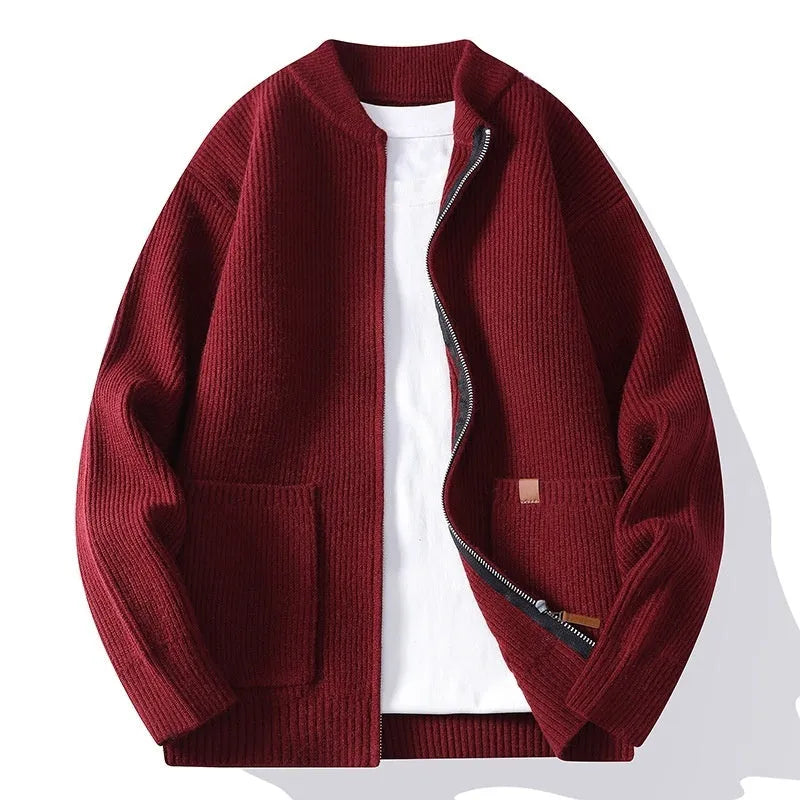 Men's straight-fit striped cardigan jacket in a Vinylon-blend knit, shown in one of five colour options.