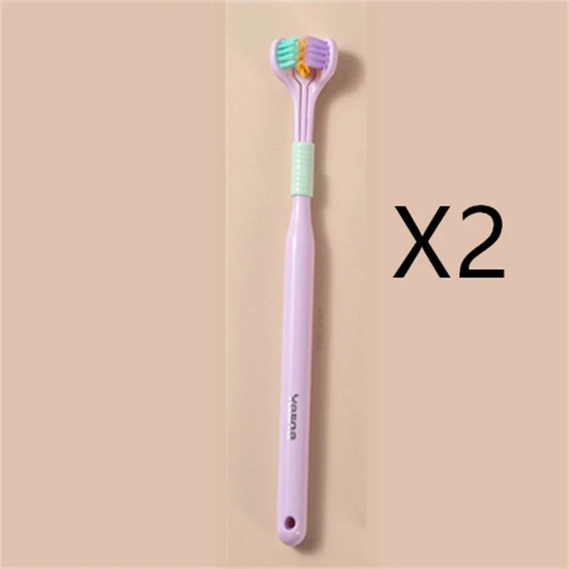 A soft bristle toothbrush with a unique triple-sided brush head for deep cleaning and customizable bristle firmness.