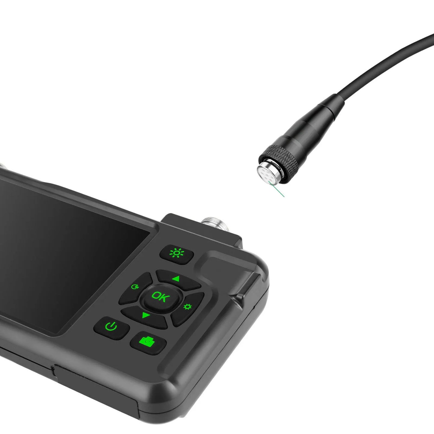 Handheld industrial endoscope with a 4.5-inch screen and a 1-metre black probe cable extended.
