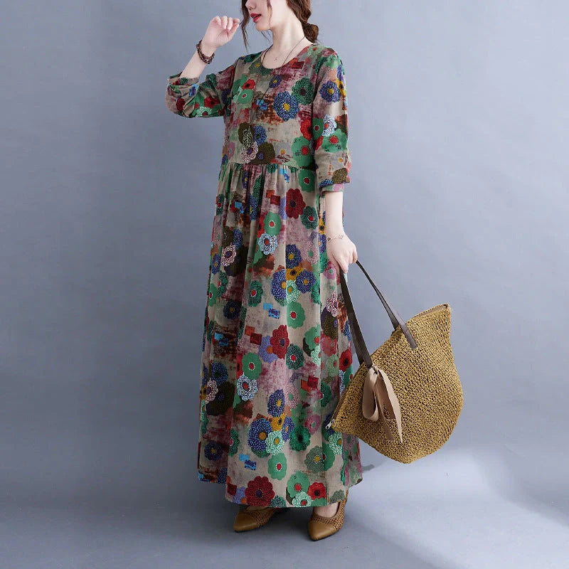 Elegant plus size printed cotton blend dress for women, stylish and comfortable