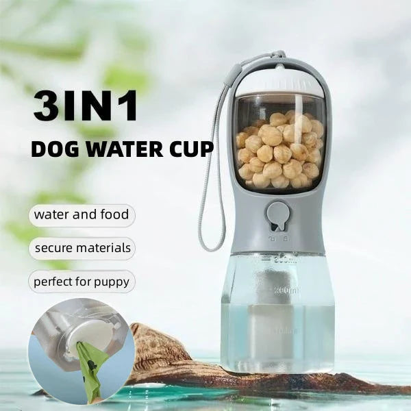 Portable 3-in-1 pet water bottle with built-in filtration system, food container, and waste bag storage compartment