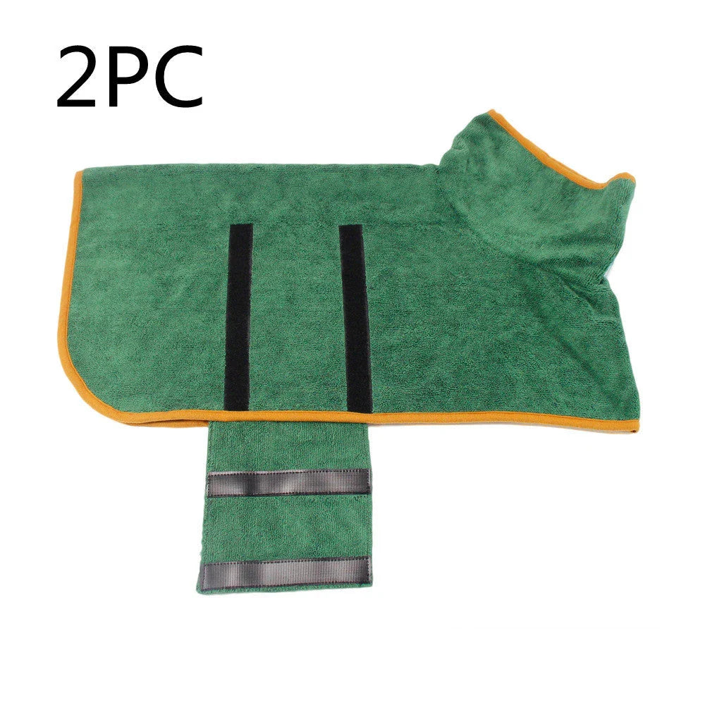 Absorbent pet drying robe with adjustable waist wrap, made of premium microfiber and terry cloth for quick drying and comfort