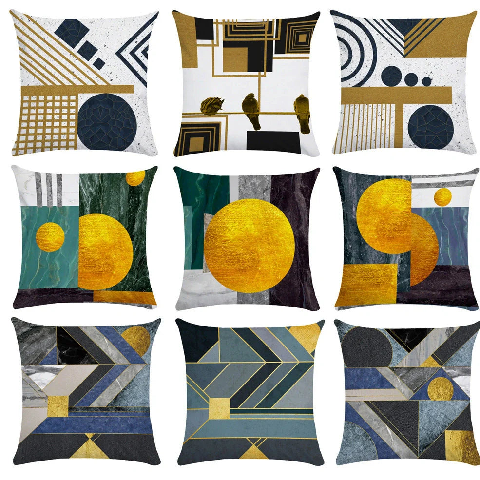 Geometric pattern throw pillow on office sofa showing 45x45cm size with ultra-flexible printing