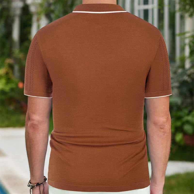 Short-sleeve polo shirt in various classic colors, featuring a unique flocking design and made from soft, breathable Tencel fabric