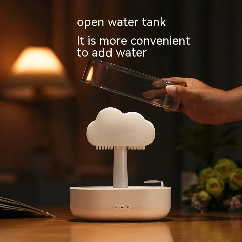 Cloud-shaped humidifier with color-changing LED lights, designed for improved air moisture and aromatherapy enjoyment
