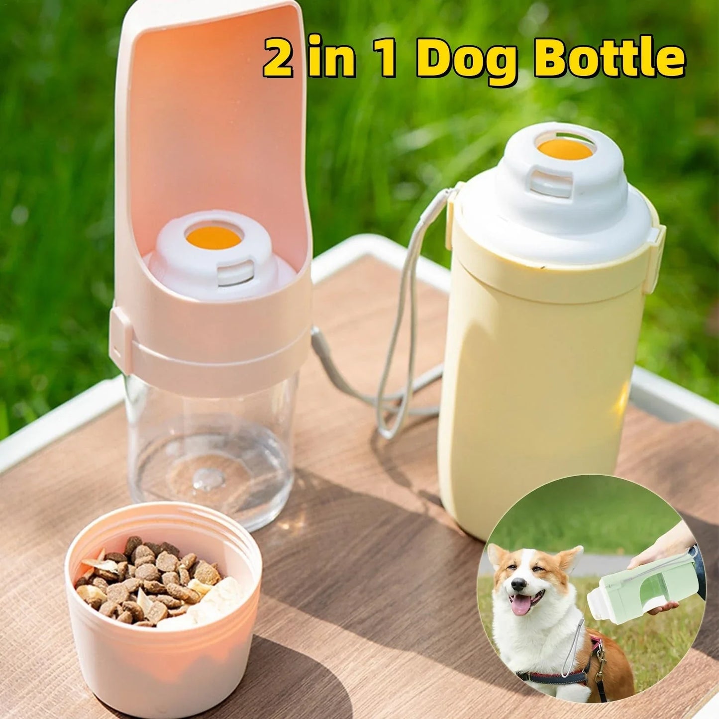 Portable 2-in-1 travel dog water bottle and feeder with lanyard, suitable for outdoor activities with pets