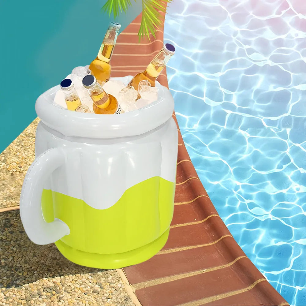 Inflatable ice bar set with yellow ice bucket and cup holder on a grey background.