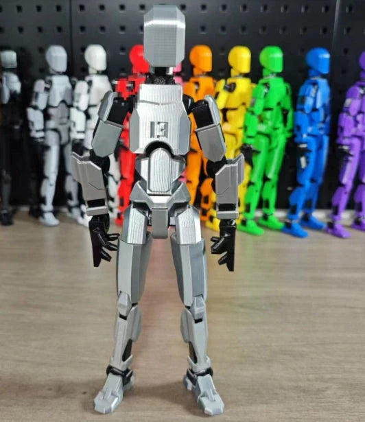 Customizable 3D printed multi-jointed action figure robot toy in various vibrant colors
