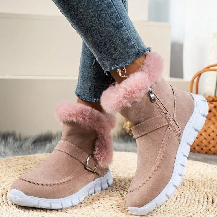 Plush ankle snow boots with buckle design and soft, warm lining for women in various color options