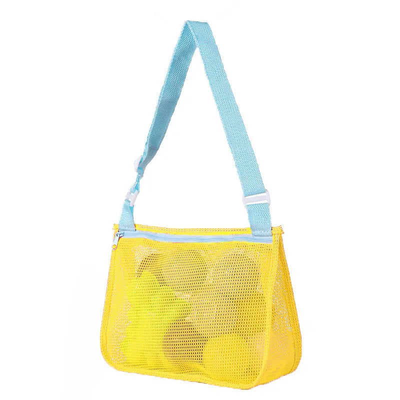 Blue children's drawstring travel storage bag made of nylon mesh for organising toys and clothes.