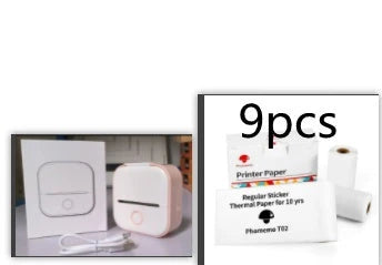 Compact Bluetooth-enabled thermal label printer in white, pink, and green colors with various label options
