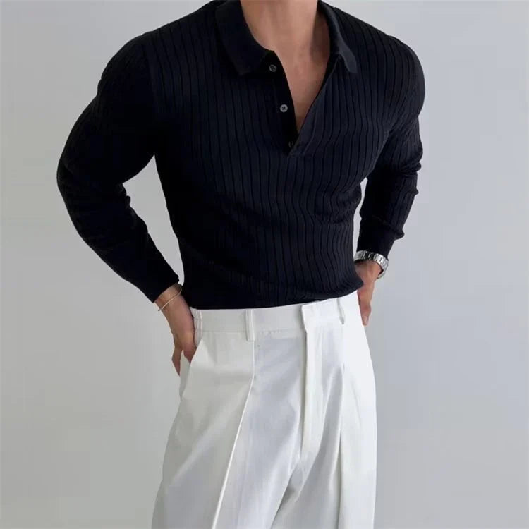 Stylish slim-fit men's knitted polo shirt in various colors, featuring a lapel button design for added sophistication