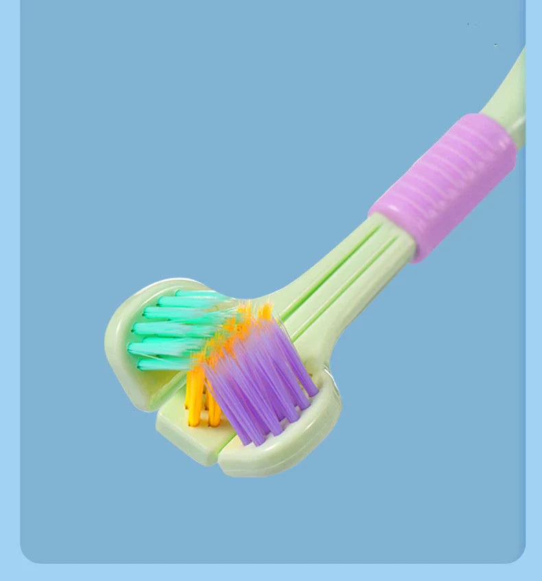 A soft bristle toothbrush with a unique triple-sided brush head for deep cleaning and customizable bristle firmness.