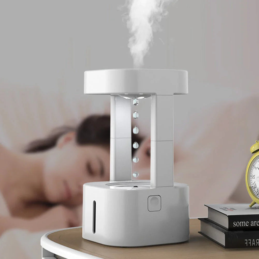 Anti-gravity humidifier with mesmerizing water droplets, designed for portable and quiet operation in home, office, or yoga studio