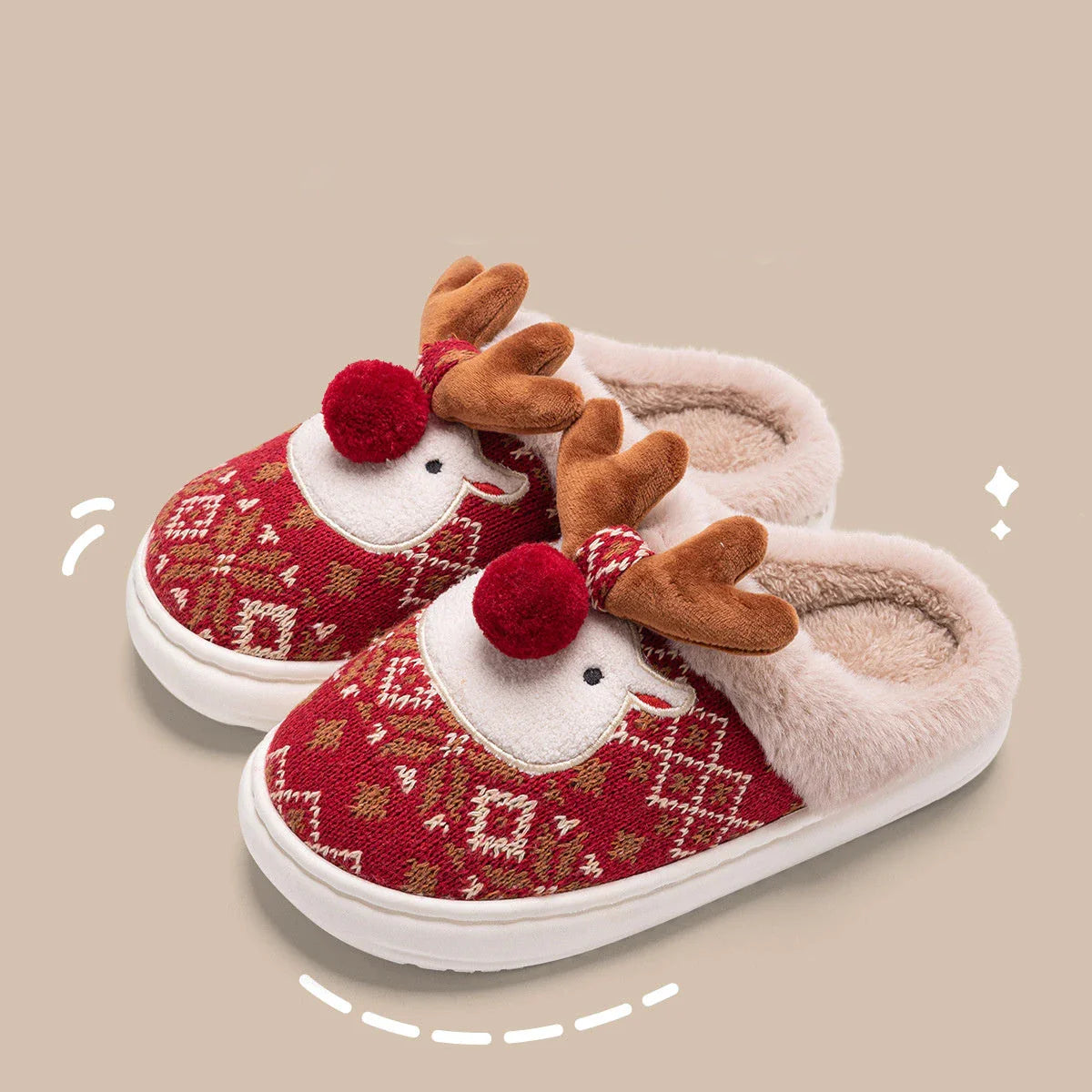 Cozy elk-themed Christmas slippers in green and red colors, featuring a plush, fuzzy design and non-slip sole for comfortable indoor wear