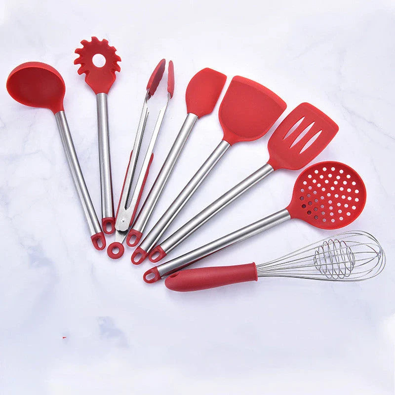 Premium silicone kitchenware set with stainless steel handles in black and red colors, including various cooking utensils and tools