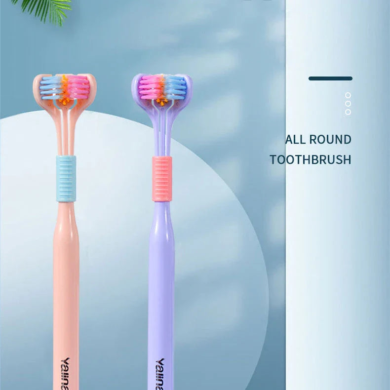 A soft bristle toothbrush with a unique triple-sided brush head for deep cleaning and customizable bristle firmness.