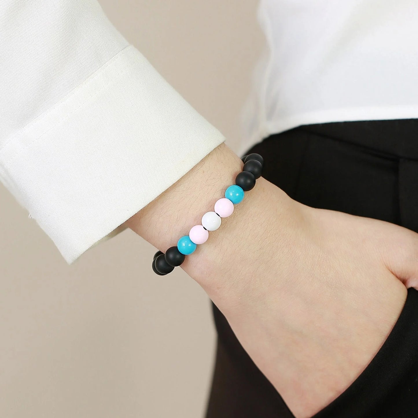 Black Agate Beaded Bracelet with polished 8mm beads for men and women
