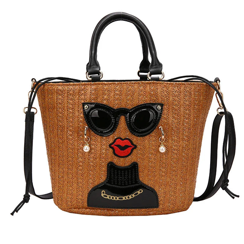 Fashion Cartoon Straw Shoulder Messenger Bag with Adjustable Strap and Zippered Closure