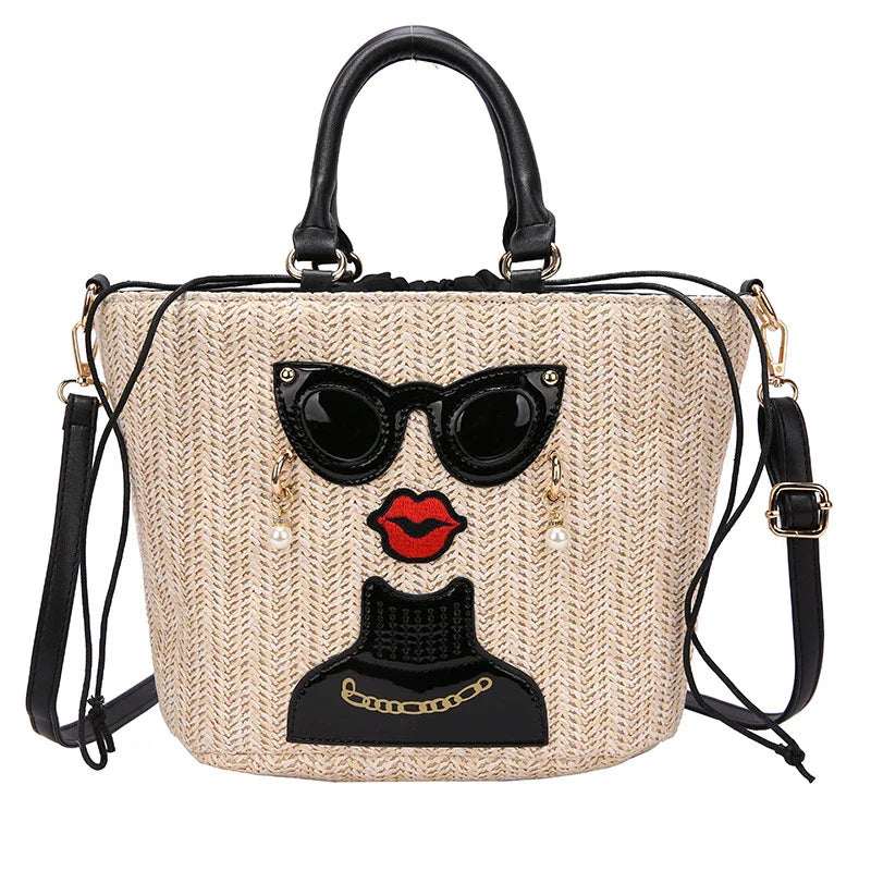 Fashion Cartoon Straw Shoulder Messenger Bag with Adjustable Strap and Zippered Closure
