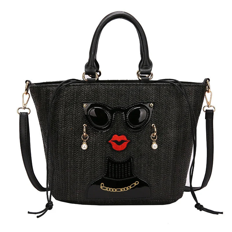 Fashion Cartoon Straw Shoulder Messenger Bag with Adjustable Strap and Zippered Closure