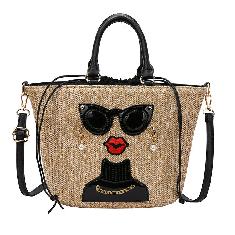 Fashion Cartoon Straw Shoulder Messenger Bag with Adjustable Strap and Zippered Closure