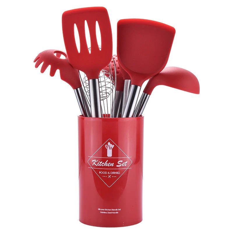 Premium silicone kitchenware set with stainless steel handles in black and red colors, including various cooking utensils and tools