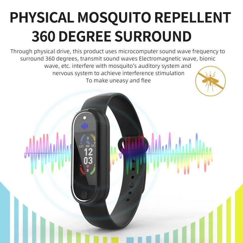 Portable ultrasonic mosquito repellent bracelet in black and white colors, featuring sleek design and USB charging capabilities.